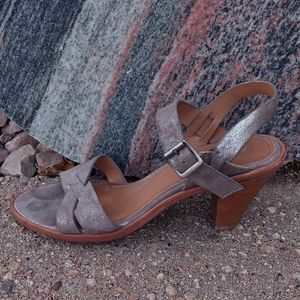 Trask pewter mettalic leather ankle strap  heeled sandals Women's sz 10